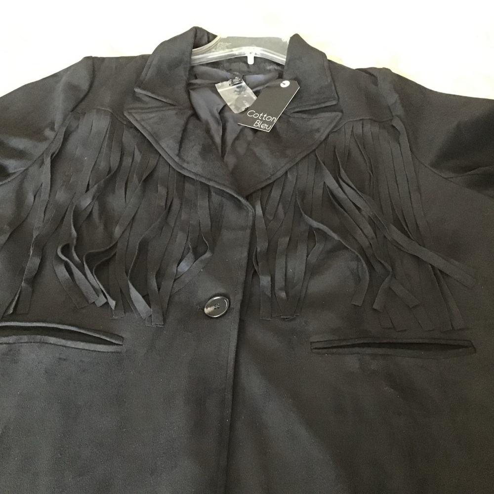 BLACK FAUX LEATHER JACKET, NWT, size Xlg. Fringed front and back - Picture 8 of 11